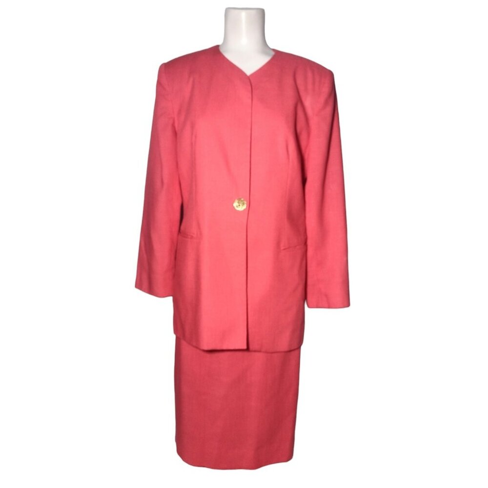 Vtg Oleg Cassini Single Breasted Midi Skirt Suit 10 Coral Office Church Lined